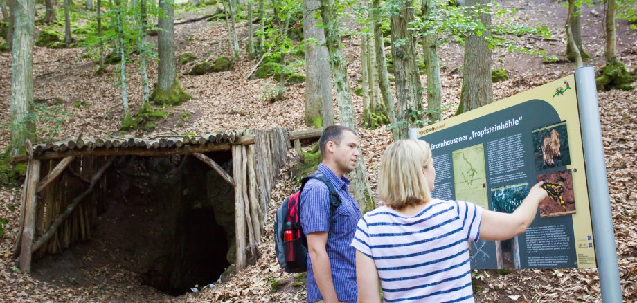 Das Foto zeigt den Eingang und die Infotafel der Tropfsteinhöhle Erzenhausen